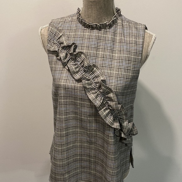 ZARA Grey Plaid Sleeveless Ruffle Top - Picture 10 of 15